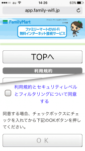 利用規約とセキュリティレベルとフィルタリングについて同意する画面